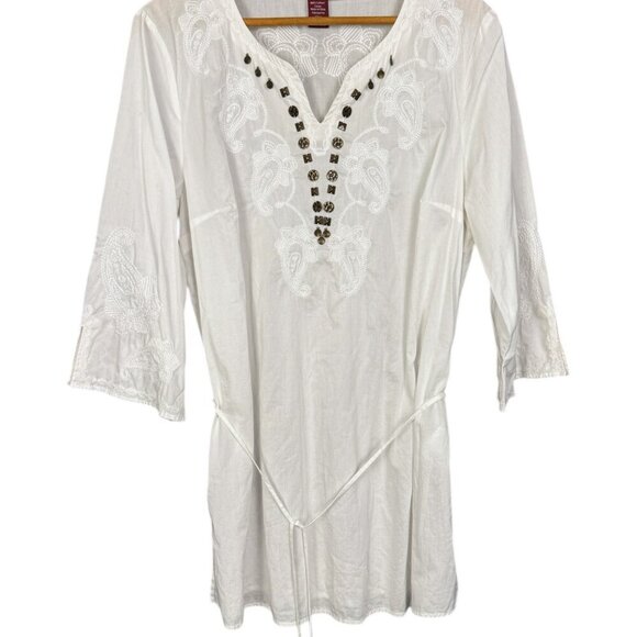White Embroidered Cotton Tunic Coastal Cowgirl, Boho, Swim Cover Up - Picture 6 of 6